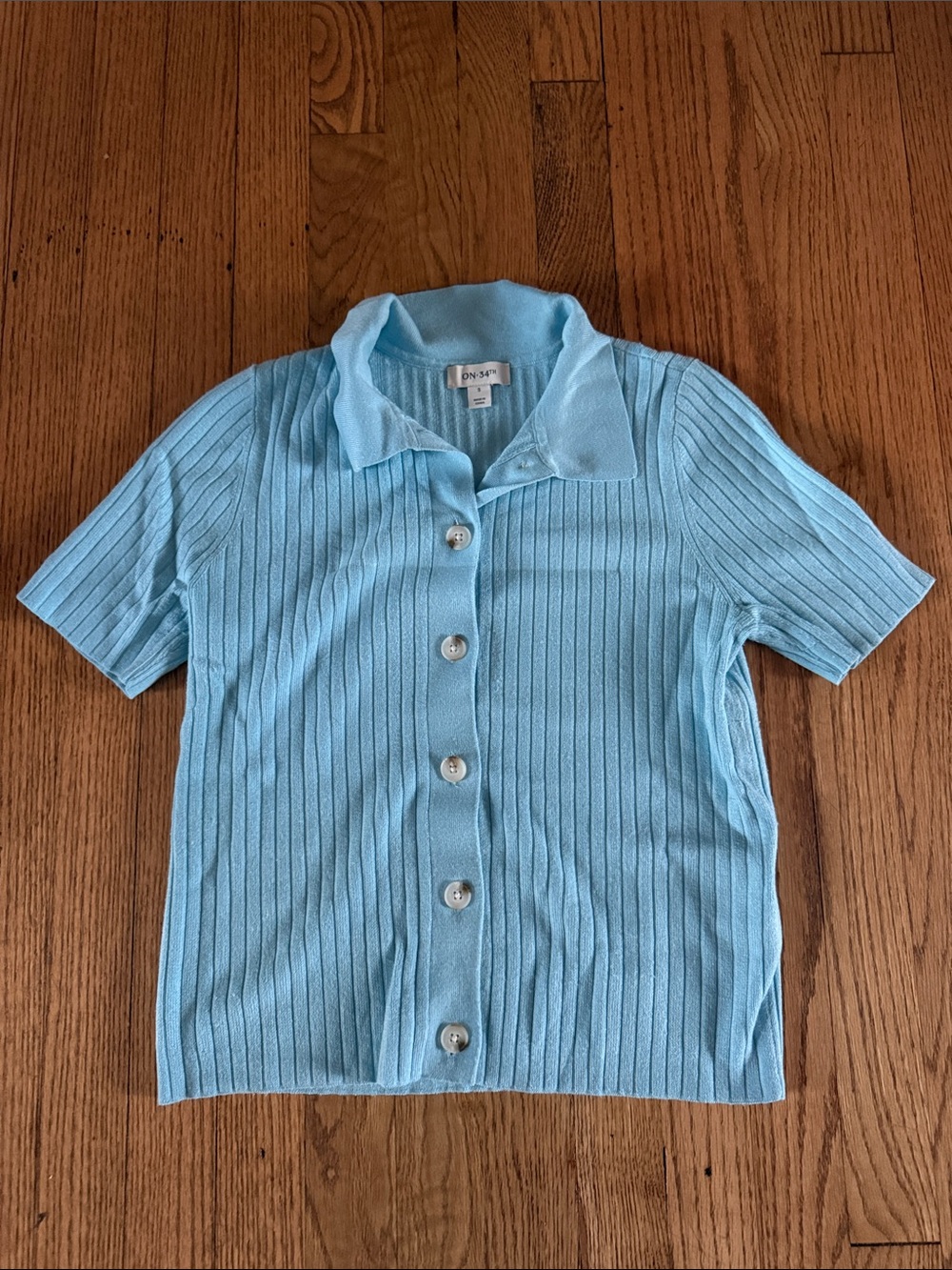 Light Blue Short-Sleeve Ribbed Button-Front Cardigan